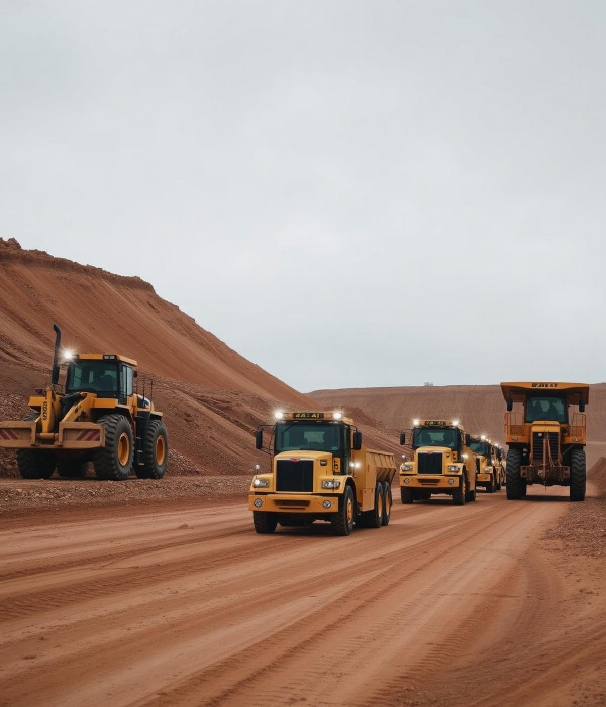 Fleet of heavy machinery operating at an earthmoving site